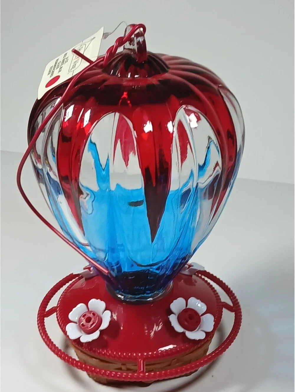 Royal Wing Hot Air Balloon Glass Hummingbird Feeder Screw On Base Red white Blue